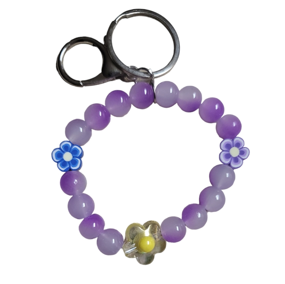 Purple Multicolored Flower Bead Elastic Bracelet Keychain